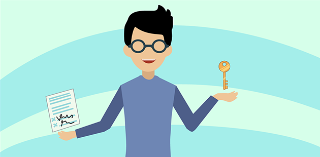 Illustration of a man holding a key. 