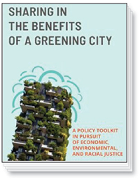 Graphic that says "Sharing in the Benefits of a Greening City " with a photo of a building covered in gardens and plant growth.