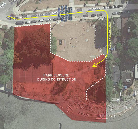 Aerial view map of park showing area closed during seawall project construction. Red area is closed portion of park.