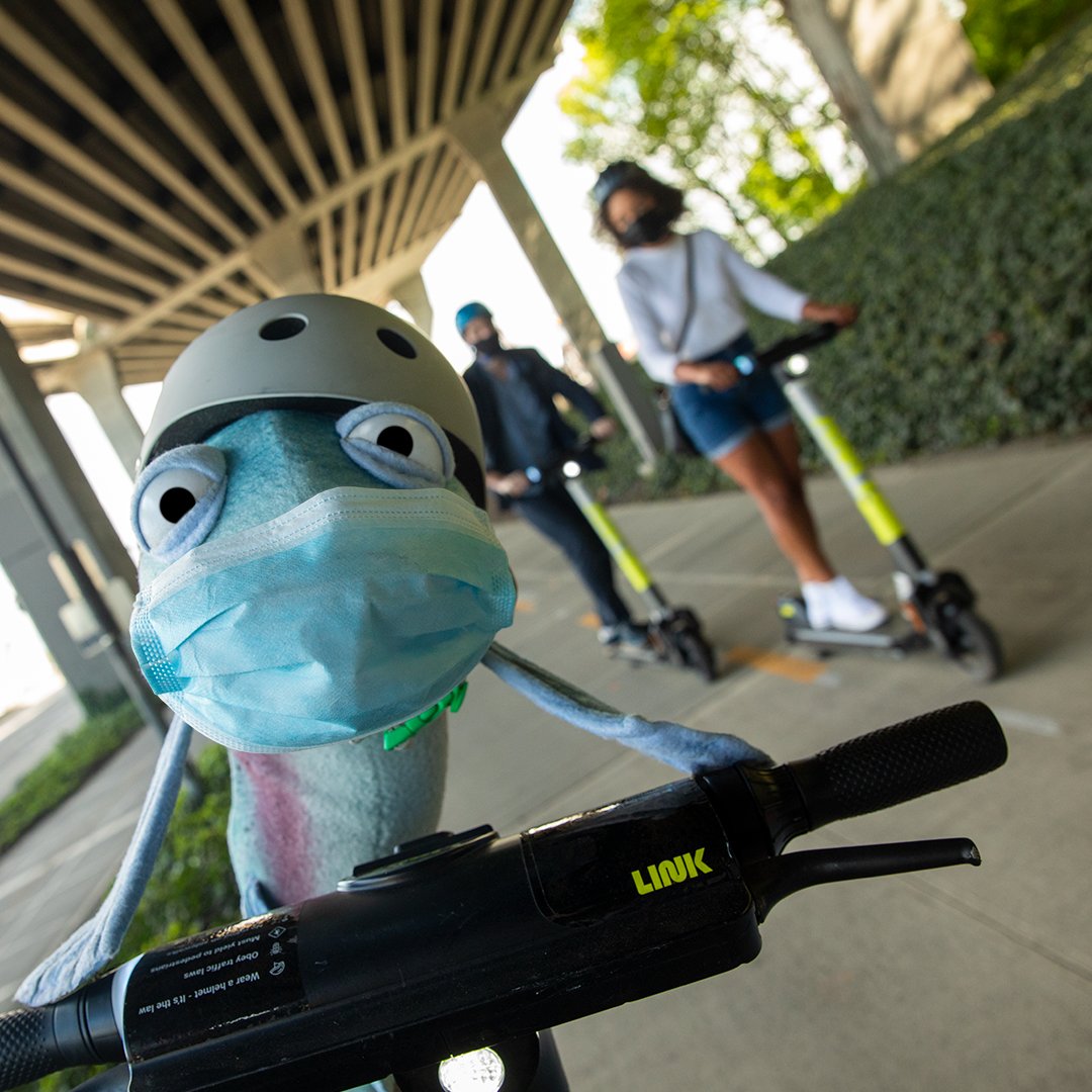 Sal the Seattle SpokesSalmon, a salmon puppet, wearing a helmet and mask while riding a scooter share, with two other people riding scooters in the background