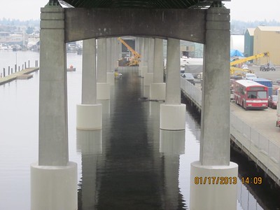 A photo of the jackets that were installed and then filled with concrete around the columns on the Ballard Bridge in 2013. This is one of the strategies used to strengthen the bridge so that it is better able to survive a major earthquake.