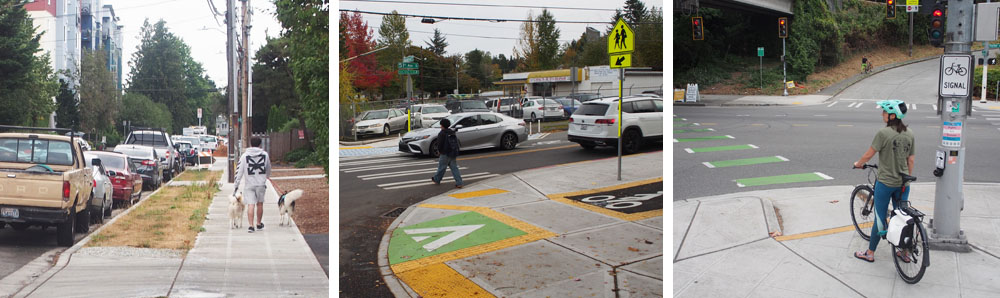 Collage of photos featuring new sidewalks, crosswalk, and bike markings