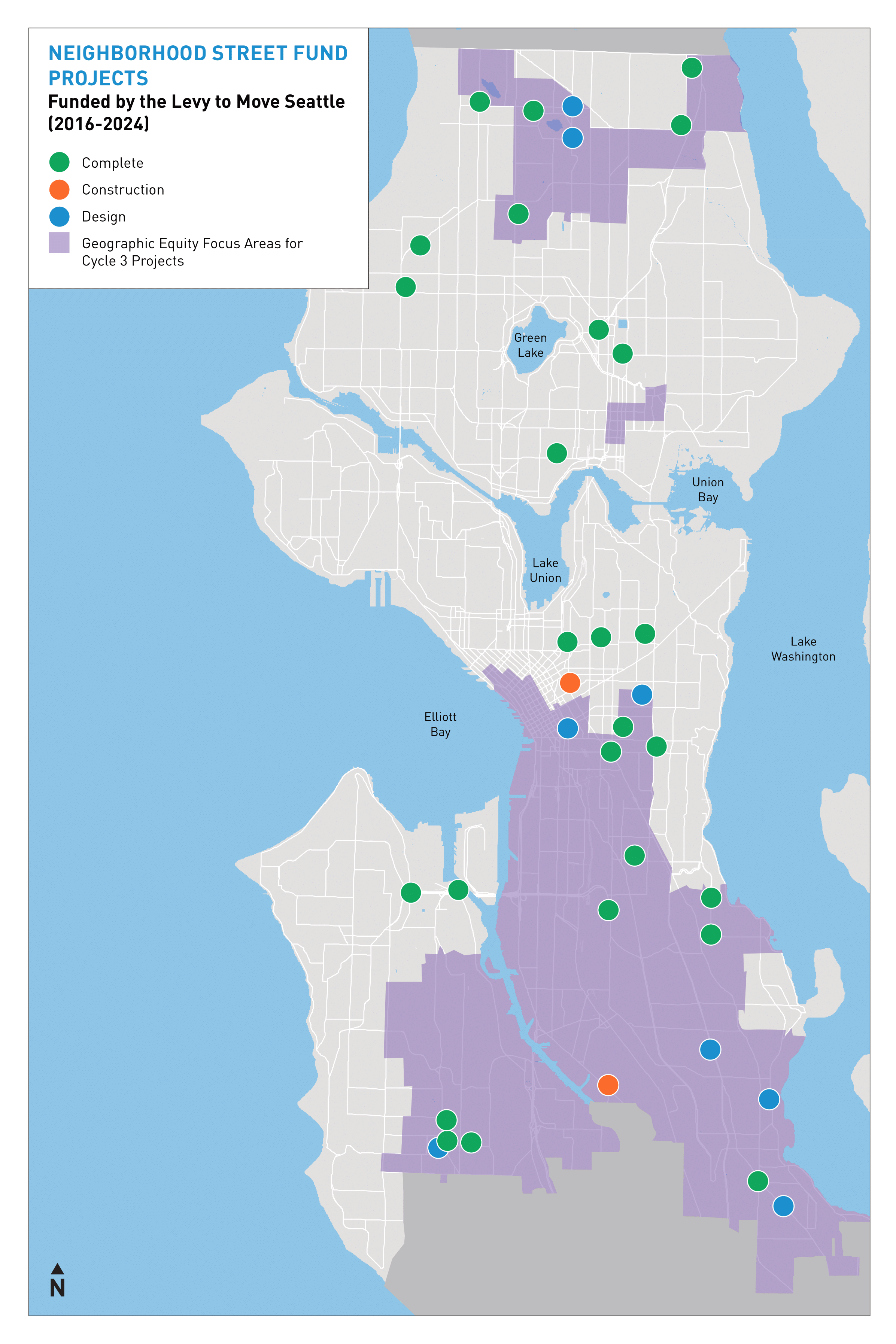 Map of Neighborhood Street Fund funded by the Levy to Move Seattle and geographic equity areas for Cycle 3 