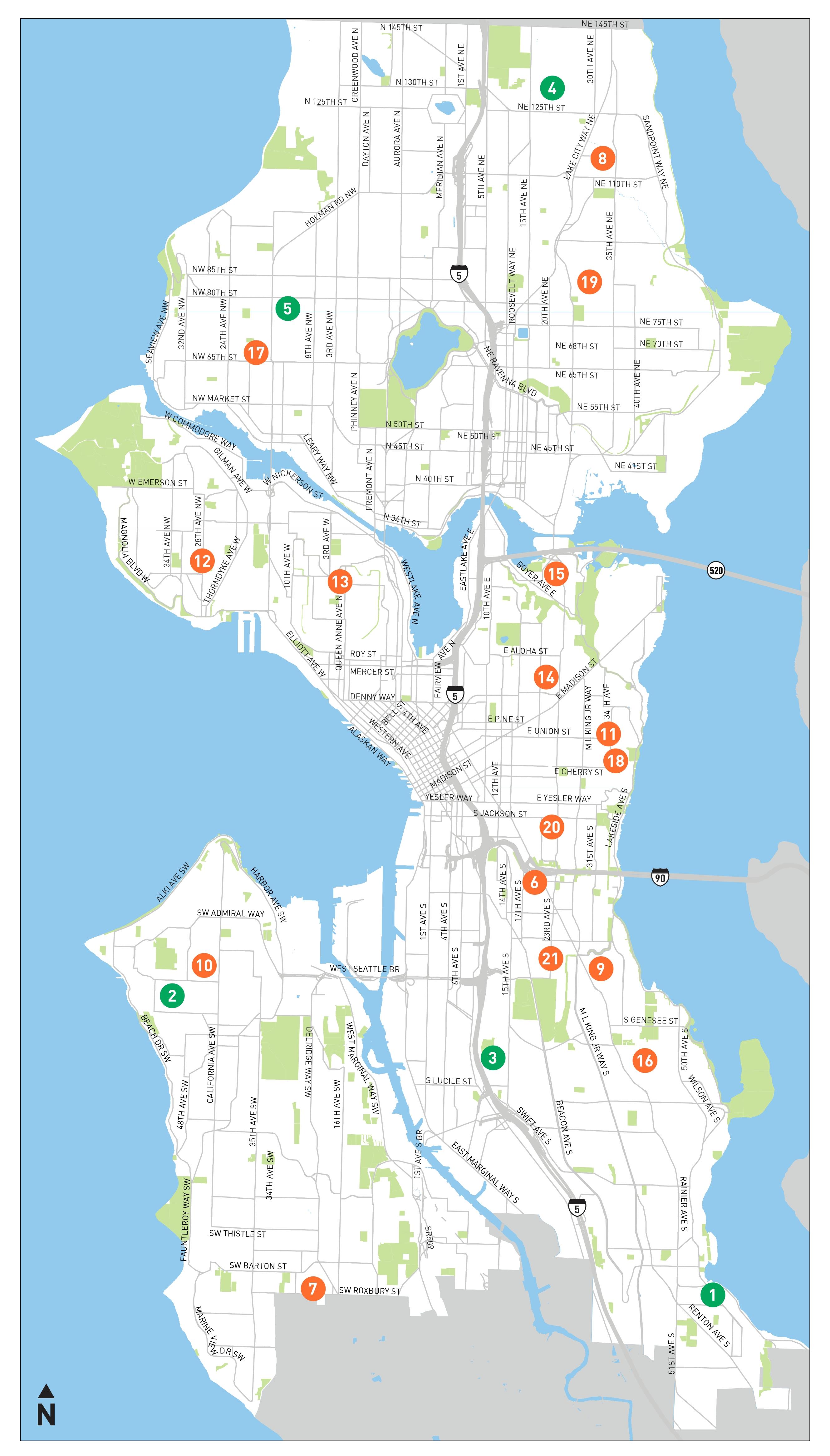 Map of Seattle showing dots labeled 1-21 for each School Street.