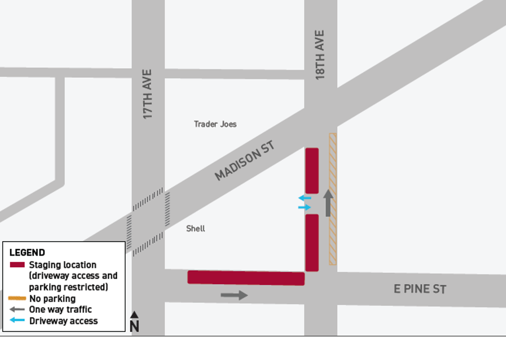 Map of North side of E Pine St and West side of 18th Ave
