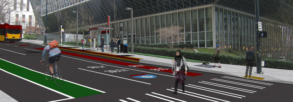 Rendering of Central Library with a station shelter, real time arrival info, and new station platform
