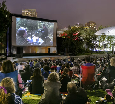 A crowd watches The Princess Bride at Seattle Center