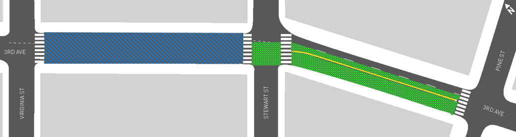 Map of project area with blue diagonal lines showing area where water main work and concrete sawcutting will take place. The green lines show where paving work has been completed.