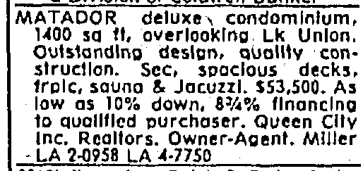 Condo advertisement Seattle Times September 19, 1974
