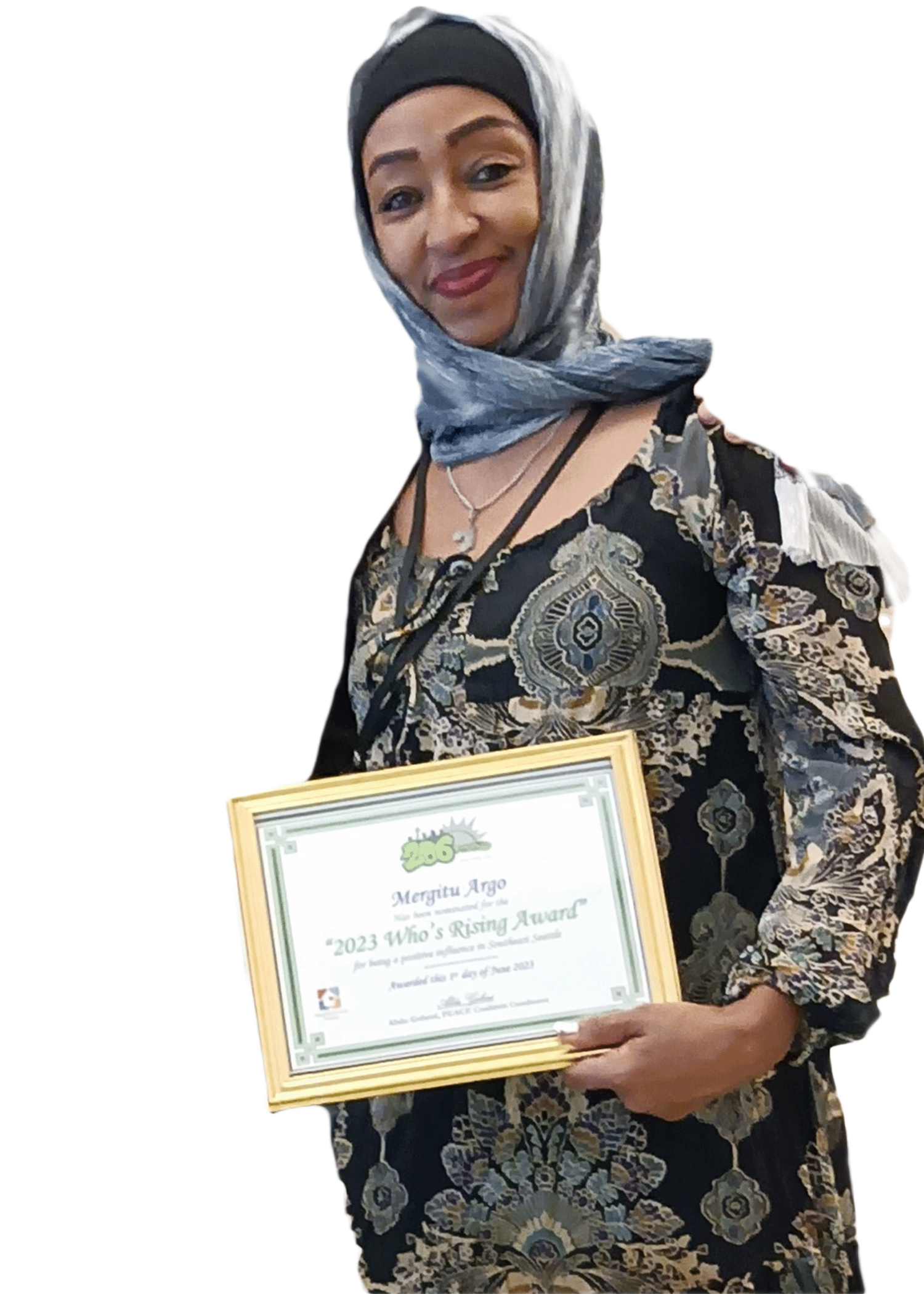 Photo of Mergitu Argo holding an award certificate