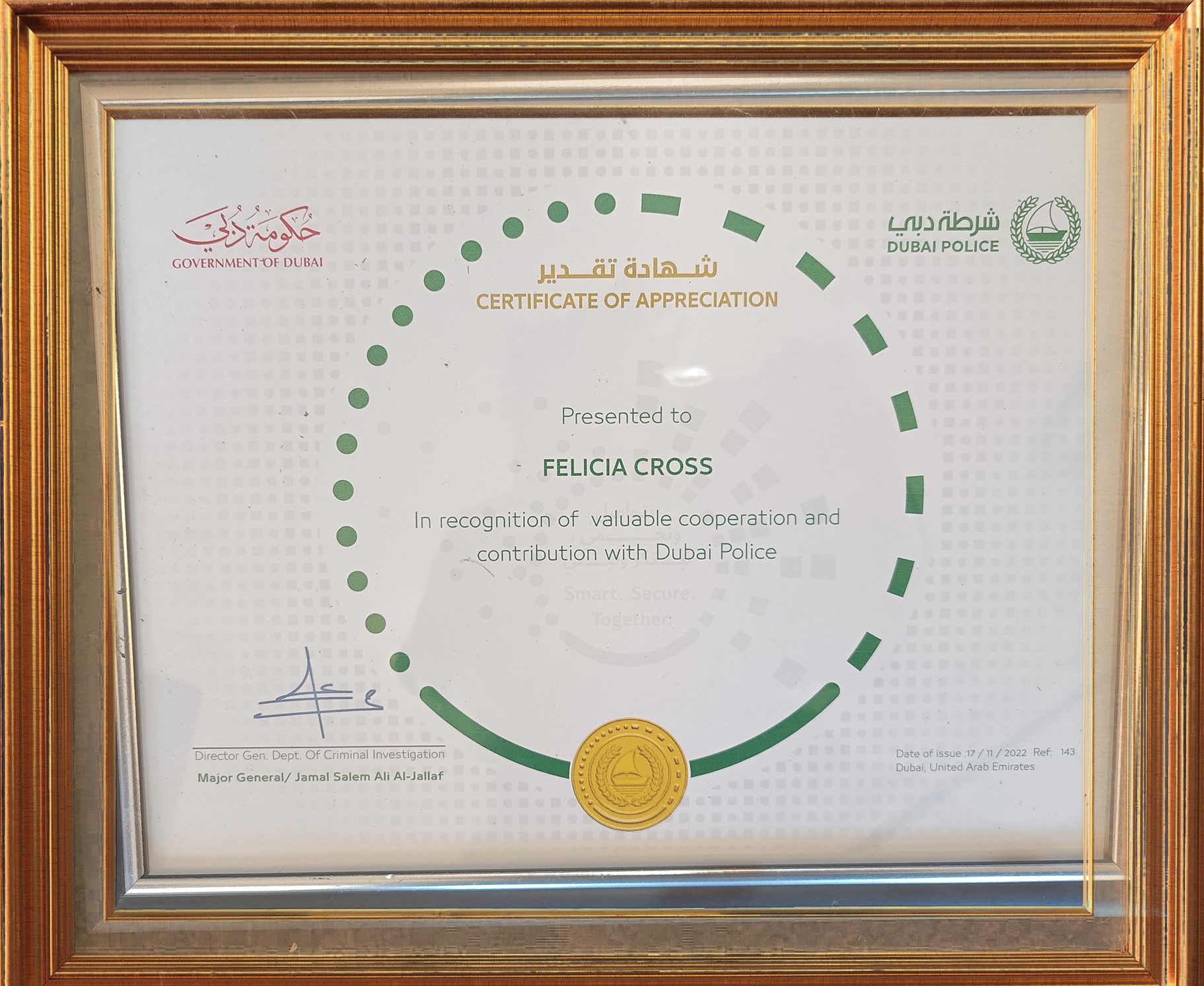 Dubai Police Certificate for Felicia Cross