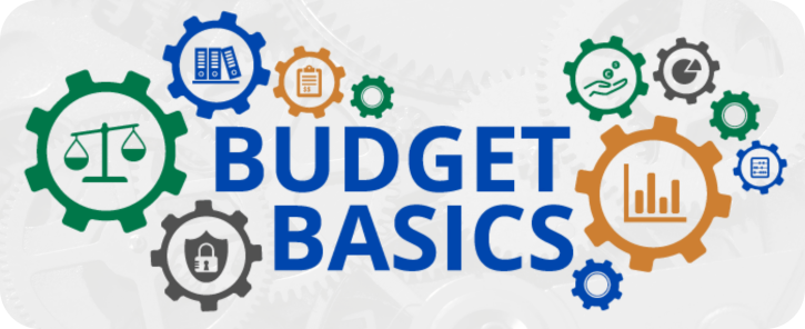 gears with budget icons and the words "Budget Basics"