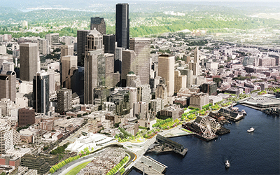 A rendering of the future Seattle Waterfront.