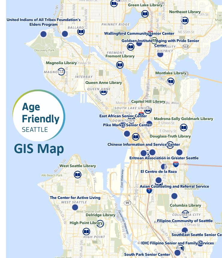 Age Friendly Seattle GIS Map screenshot showing locations of libraries and senior centers.