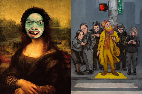 Two artworks side-by-side: "Mona Lisa Smile" by Alison Bremner and "Olive Way" by Agustina Forest