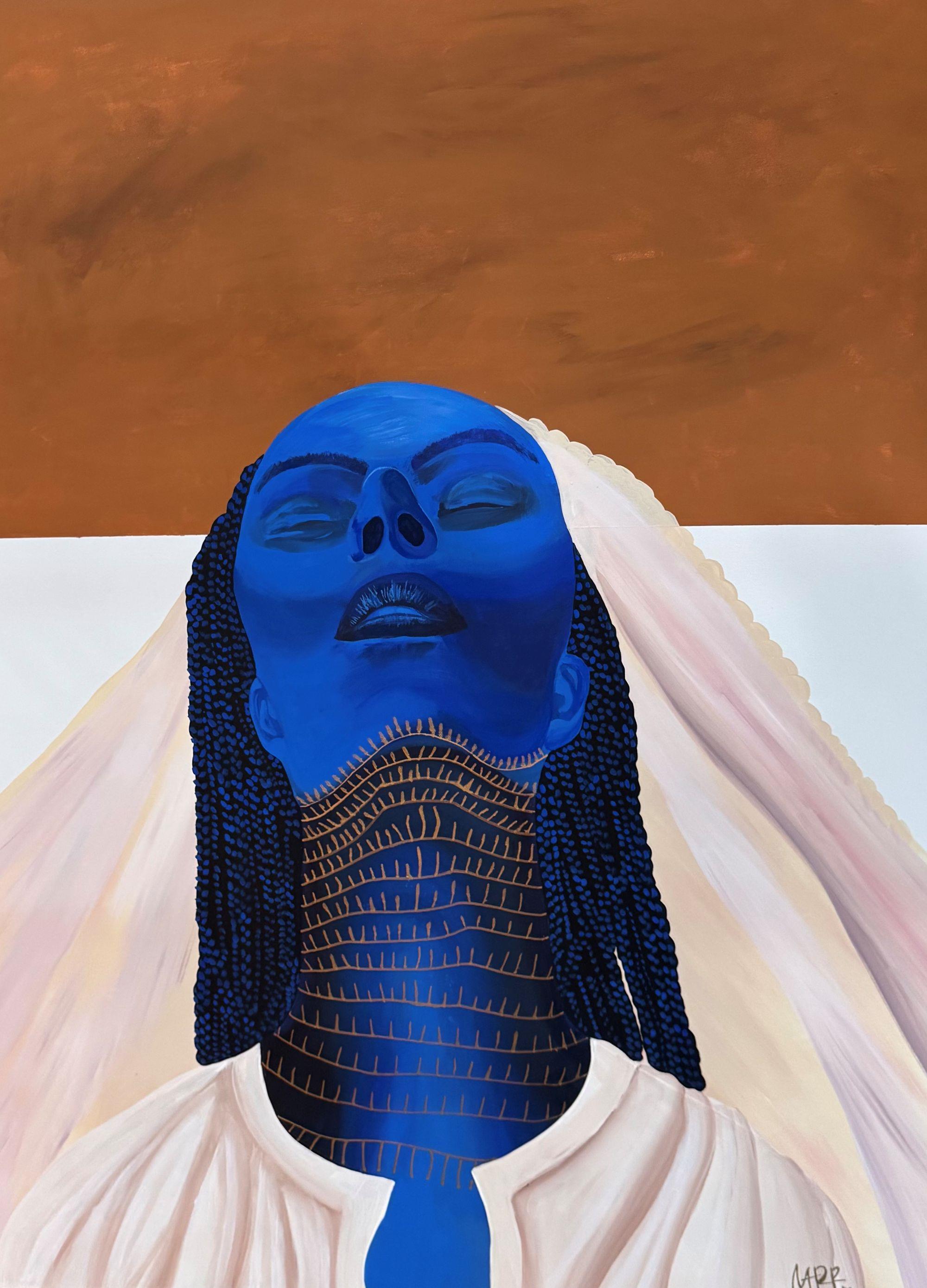 Stylized portrait of a woman from the shoulders up in a white dress and headdress, her skin and hair are blue and her neck is festooned with many necklaces. Her eyes are closed and she is facing up. The horizon is a light blue and the sky is the color of clay.