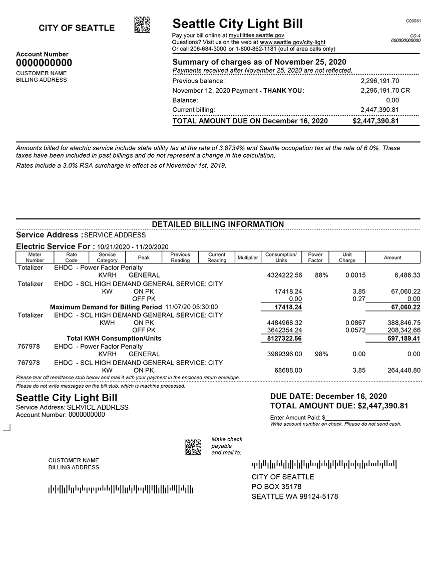 Example of a large or commercial business bill from Seattle City Light