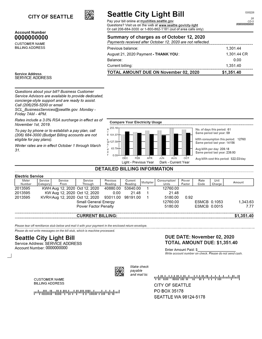 Example of a small or medium business bill from Seattle City Light