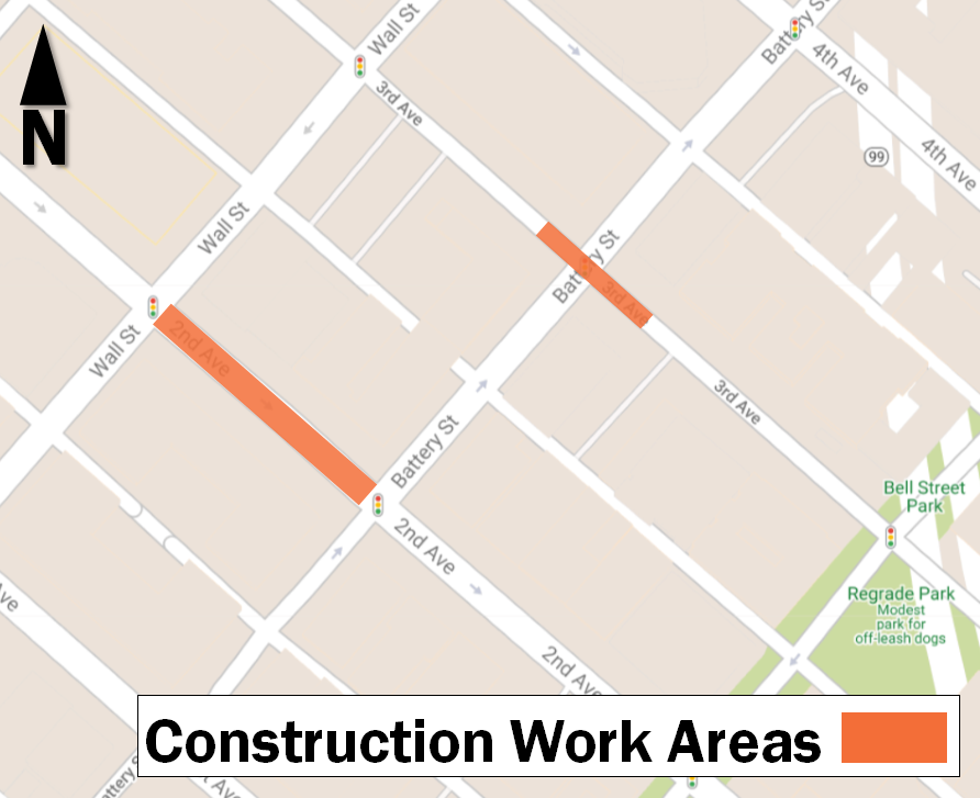 Map showing construction work area in Seattle's Belltown neighborhood