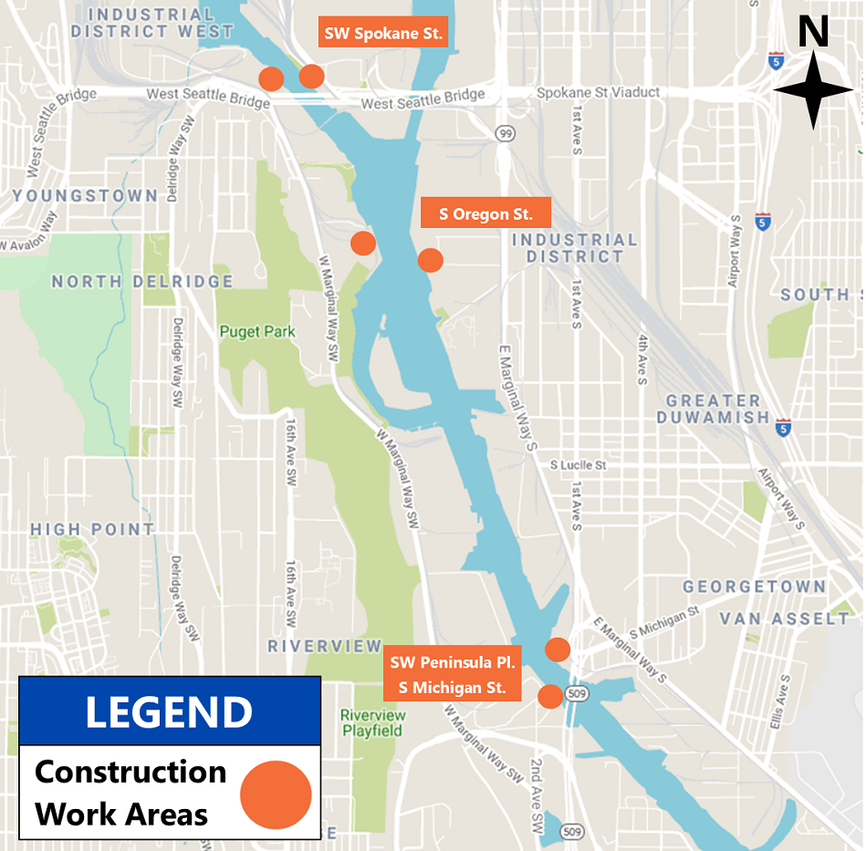 Map showing communications tower upgrades along the Duwamish waterway