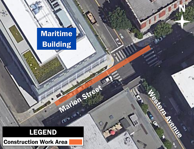 Map showing construction work area on Marion Street
