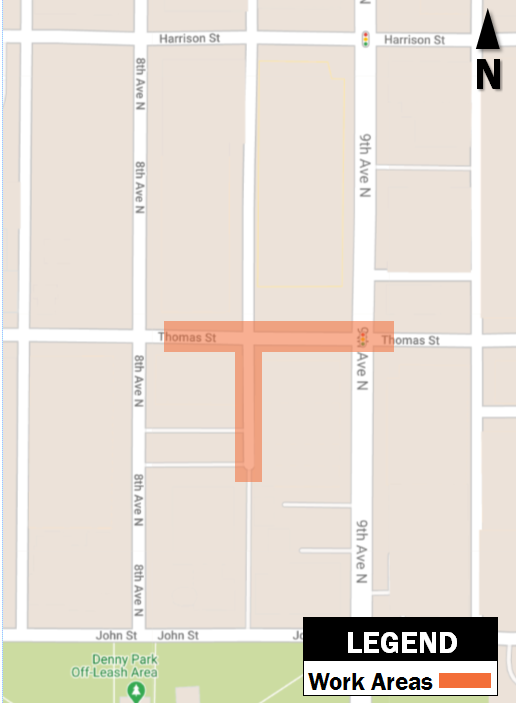 Map showing construction work area on Thomas Street