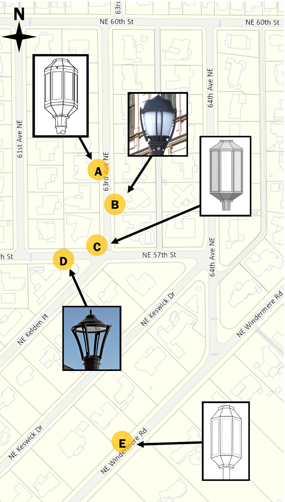 Map showing placement of pilot streetlight fixtures in Windermere neighborhood
