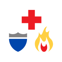 Graphic of a red cross, a police shield, and a flame