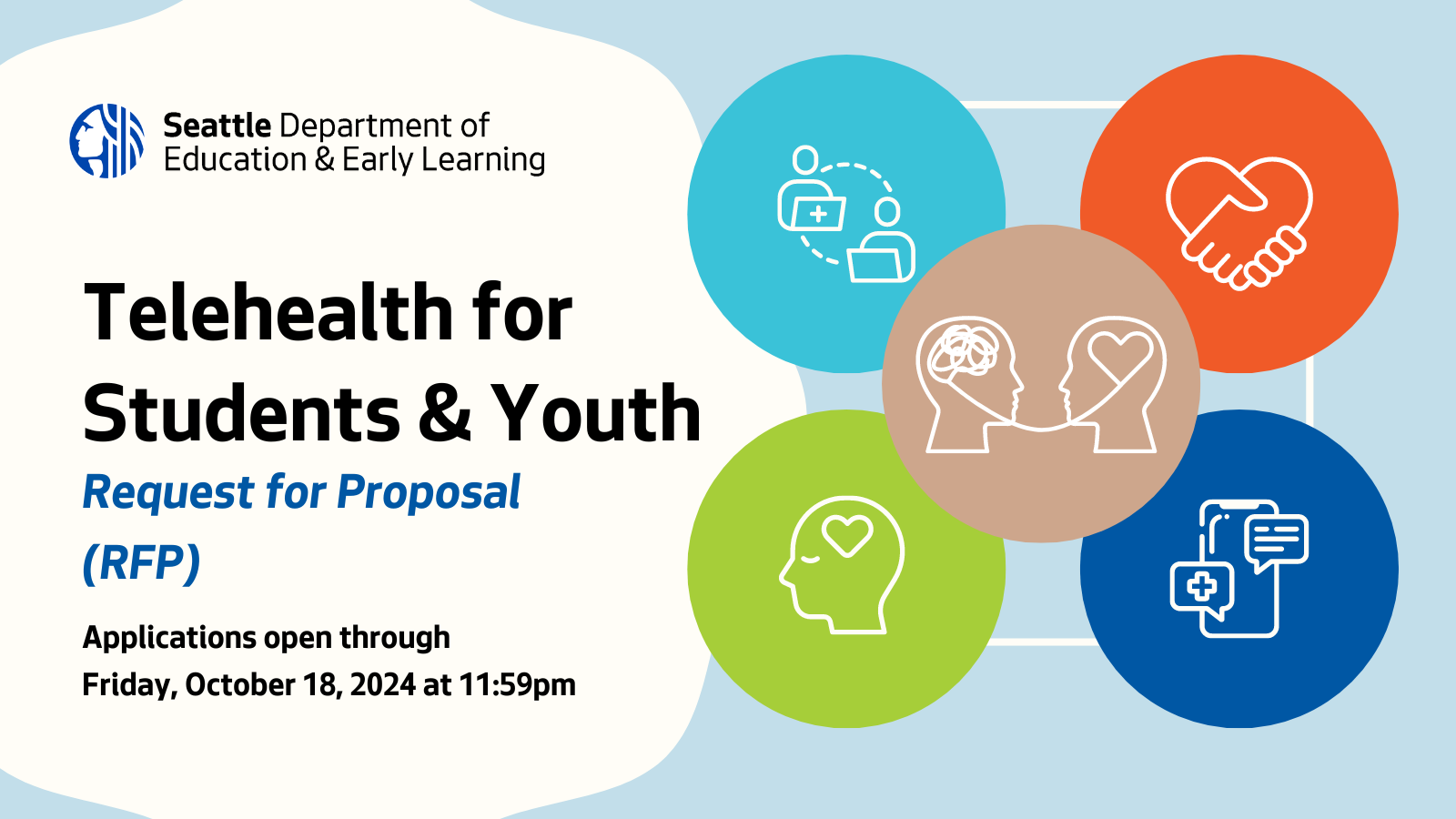 Banner announcing DEEL Telehealth for Students & Youth Request for Proposals (RFP) open through October 18, 2024