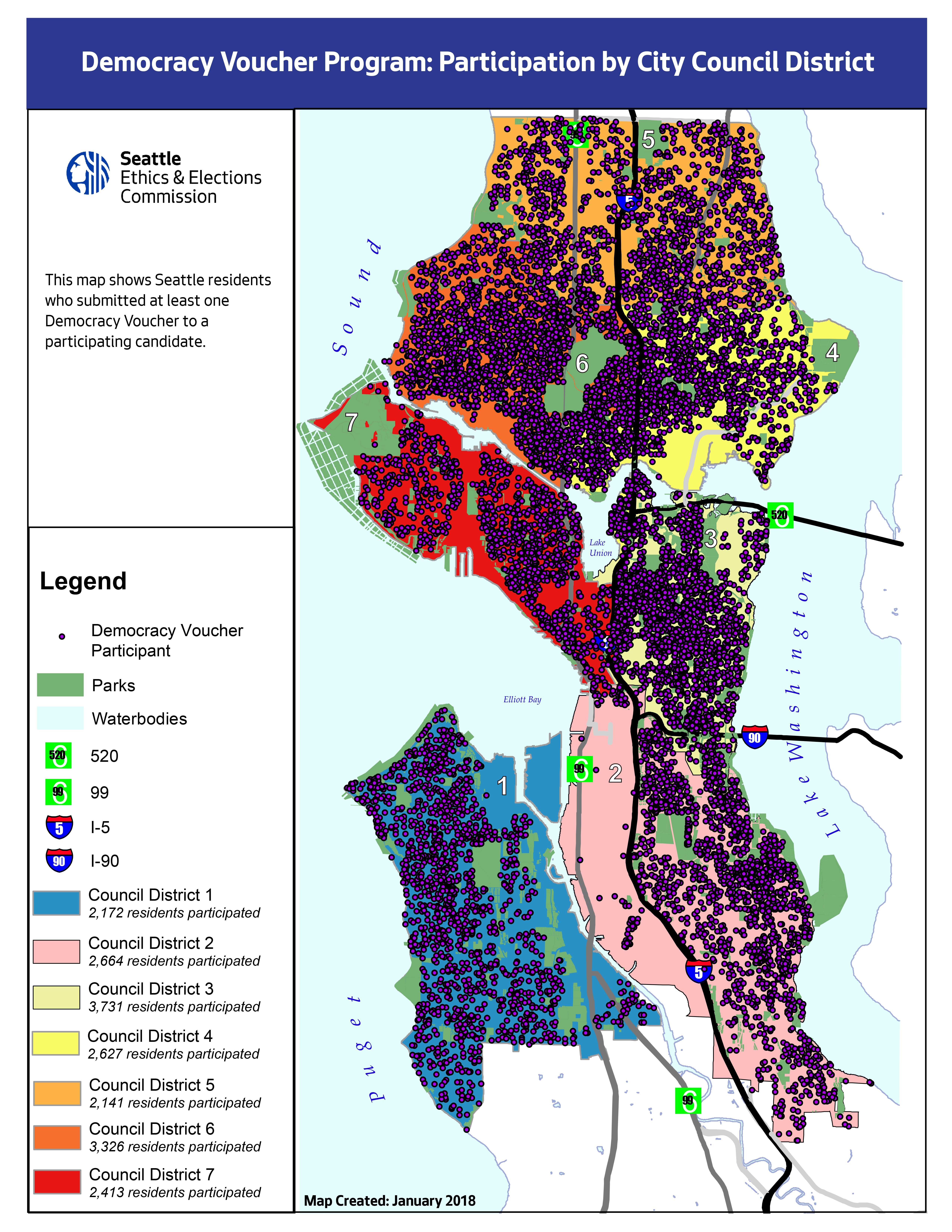 A map of Seattle showing participation in the Democracy Voucher Program by City Council Districts.