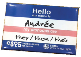 Name badge with pronouns