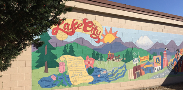 Decorative painted mural on exterior wall of the Lake City Community Center