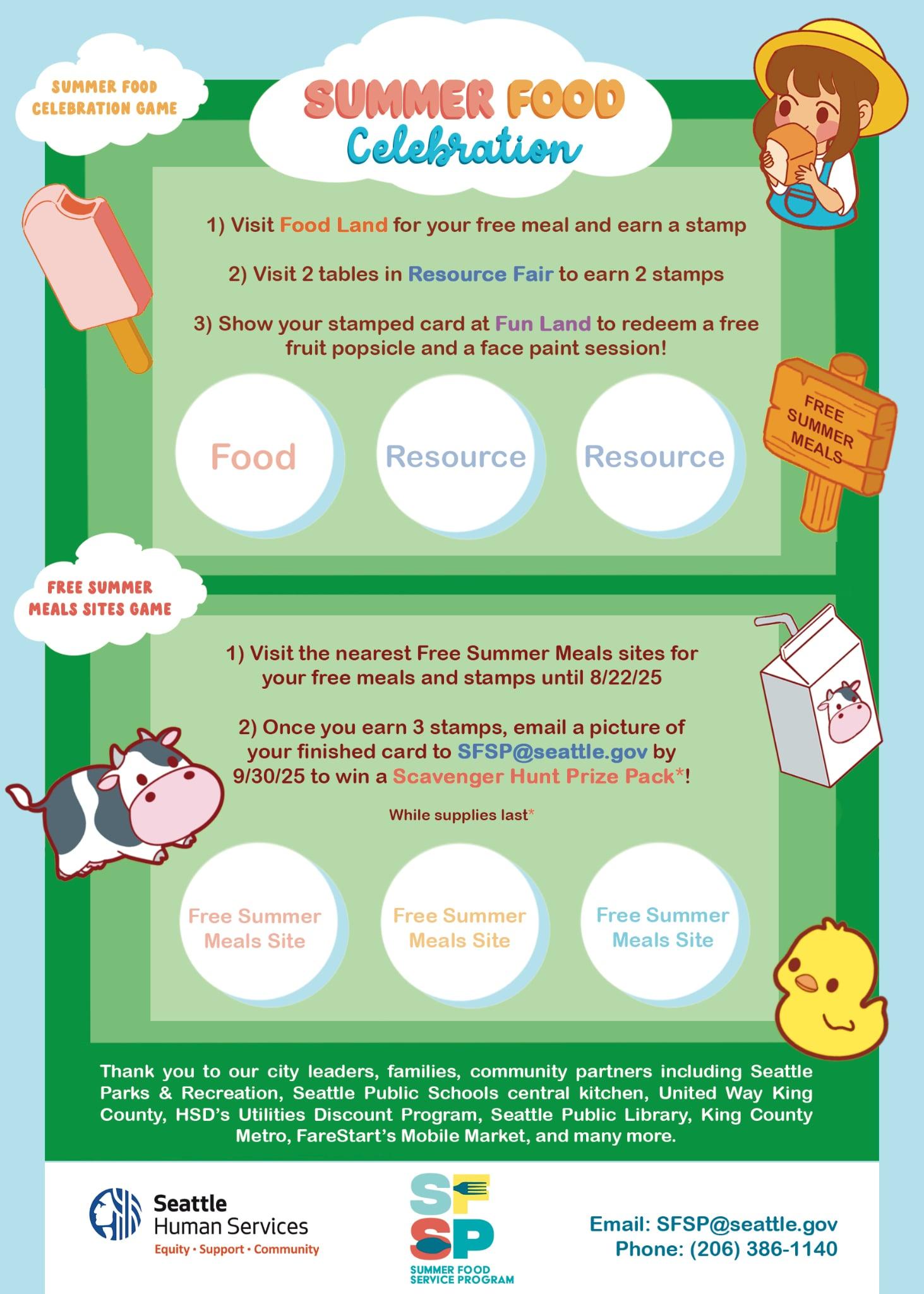 Back of flyer featuring a scavenger hunt game, animated farm characters, logos for Seattle Human Services and Summer Food Service Program, and email address for SFSP@seattle.gov or phone number <a href=
