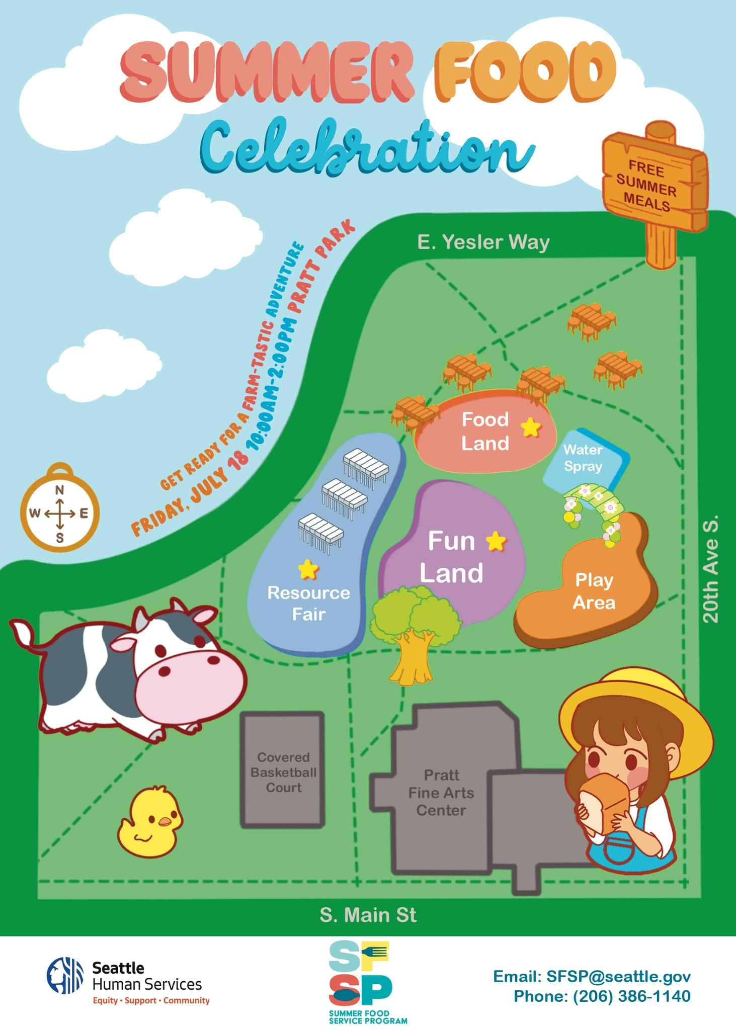 Front of flyer with colorful map of Pratt Park, animated farm characters, logos for Seattle Human Services and Summer Food Service Program, and email address for SFSP@seattle.gov