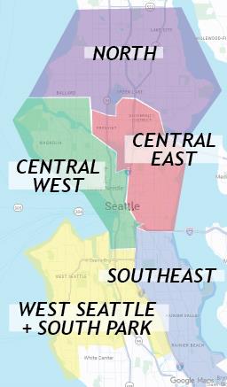 Map of Seattle divided into four quadrants represented by Community Engagement Coordinators.