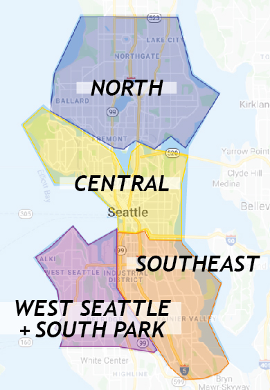 Map of Seattle divided into four quadrants represented by Community Engagement Coordinators.
