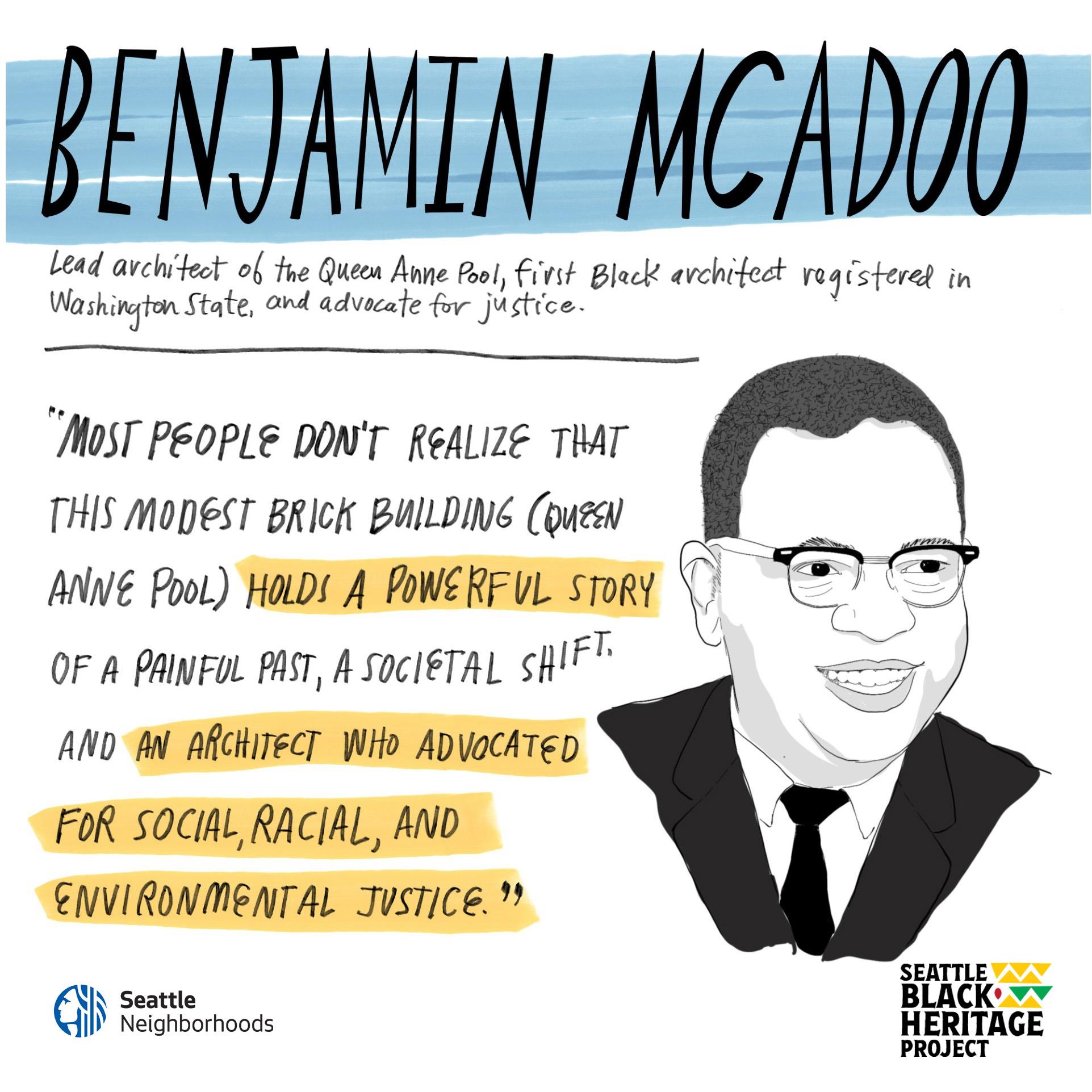 Postcard with a drawing of Architect Benjamin McAdoo that points to a story about him on the Front Porch blog