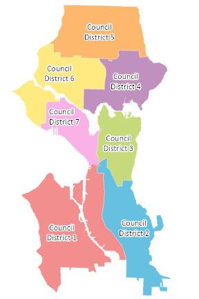 A map representing seven different Seattle Council Districts