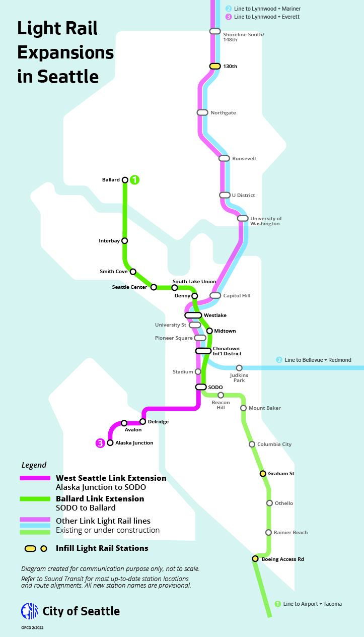 Map of current and future Sound Transit Lightrail stations in Seattle