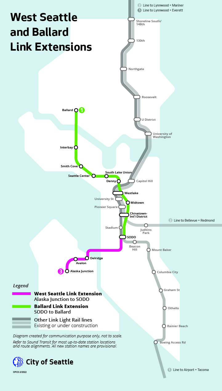 Map of light rail expansion in the Seattle area highlighting the West Seattle and Ballard Link Extensions.
