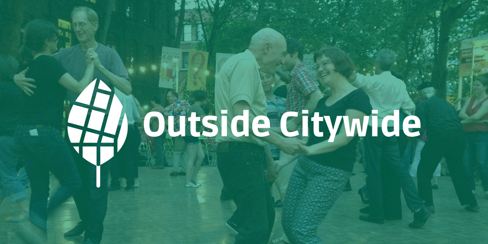 An animated gif of 5 photos of people gathered at public cultural events, parks and outdoor markets. They are placed on a green layer of transparency.