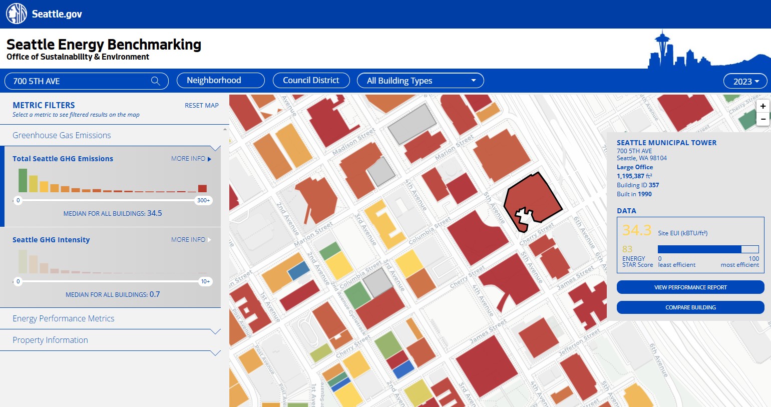 Screen capture of benchmarking map with downtown Seattle building footprints displayed in different colors. A pop up window shows information about the selected building, the Seattle municipal tower