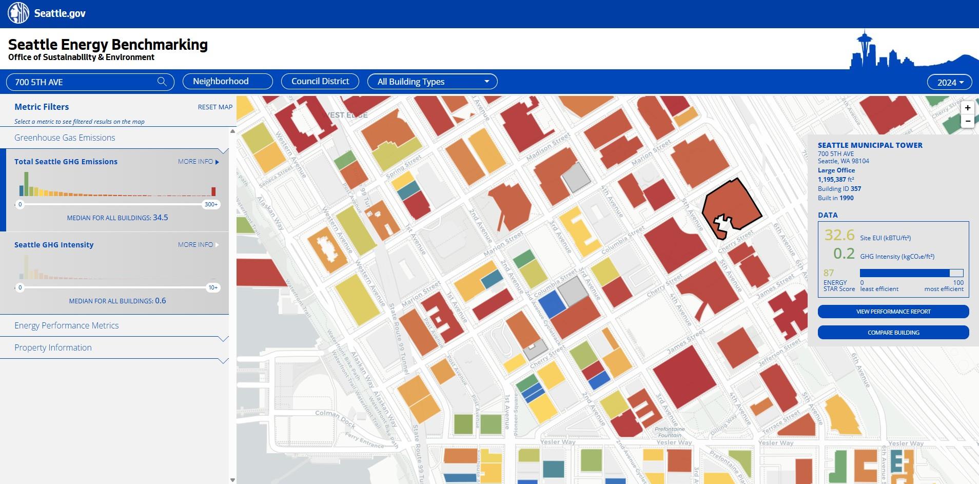 Screen capture of benchmarking map with downtown Seattle building footprints displayed in different colors. A pop up window shows information about the selected building, the Seattle municipal tower