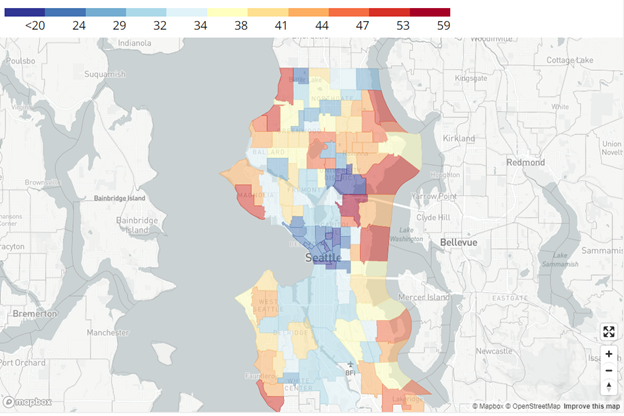 A map of Consumption base emissions per household, color coded areas to reflect amount of MTCO2e per household
