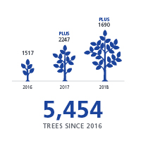 Small medium and large tree graphics depicting new trees planted 2016, 2017 and 2018