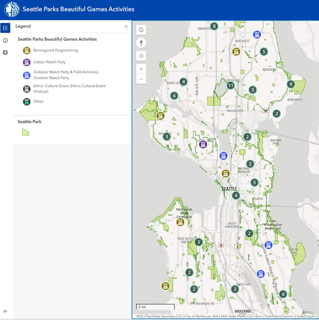 GIS map of the Beautiful Game Series events in Seattle. Click or tap to open an interactive map in a new frame.