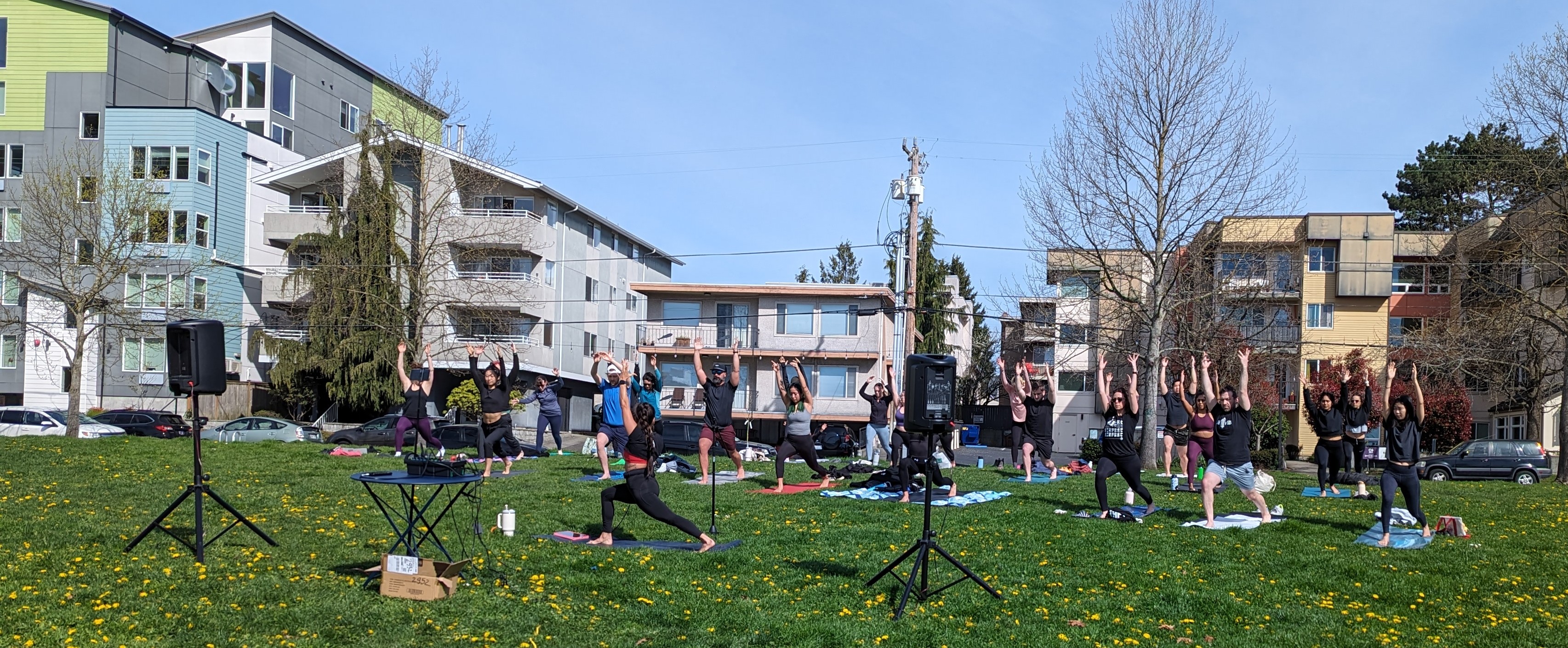 Yoga class at Ballard Commons Park in the grass