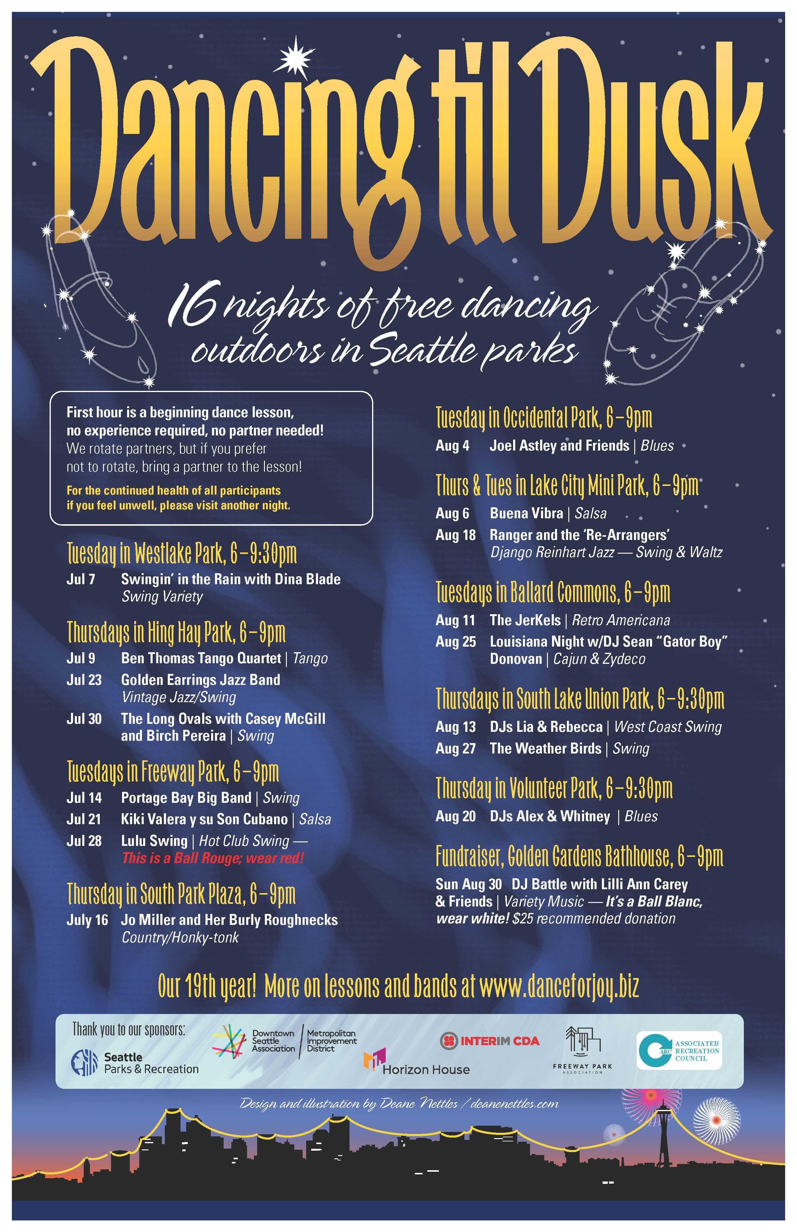 Dancing Til Dusk 2026 season poster.  Scroll down for all information in text.