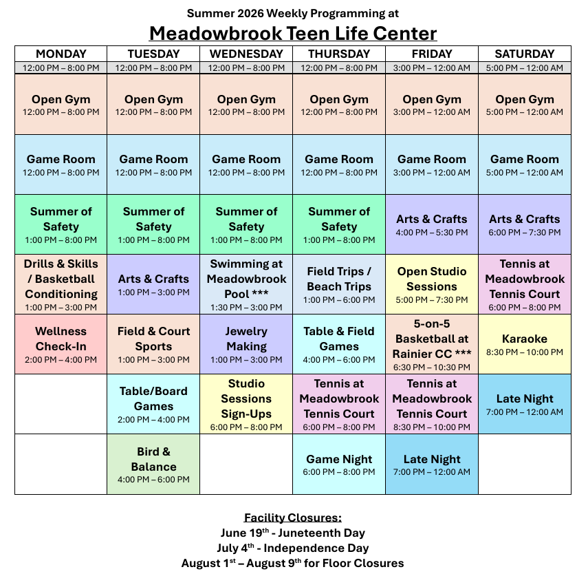Meadowbrook Teen Life Center schedule. Click or tap to open a printable version in a new frame.