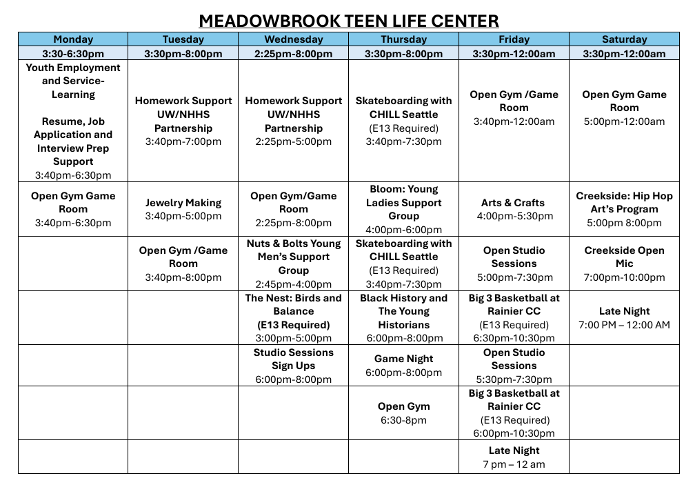 Meadowbrook Teen Life Center schedule. Click or tap to open a printable version in a new frame.